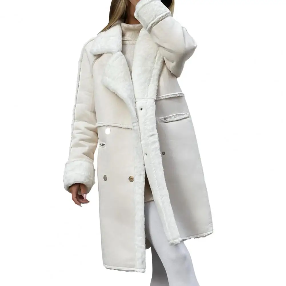 

Women's Plush Coat Plush Double-breasted Coat with Lapel Notch Collar Mid-length Sleeves Overcoat for Fall Winter