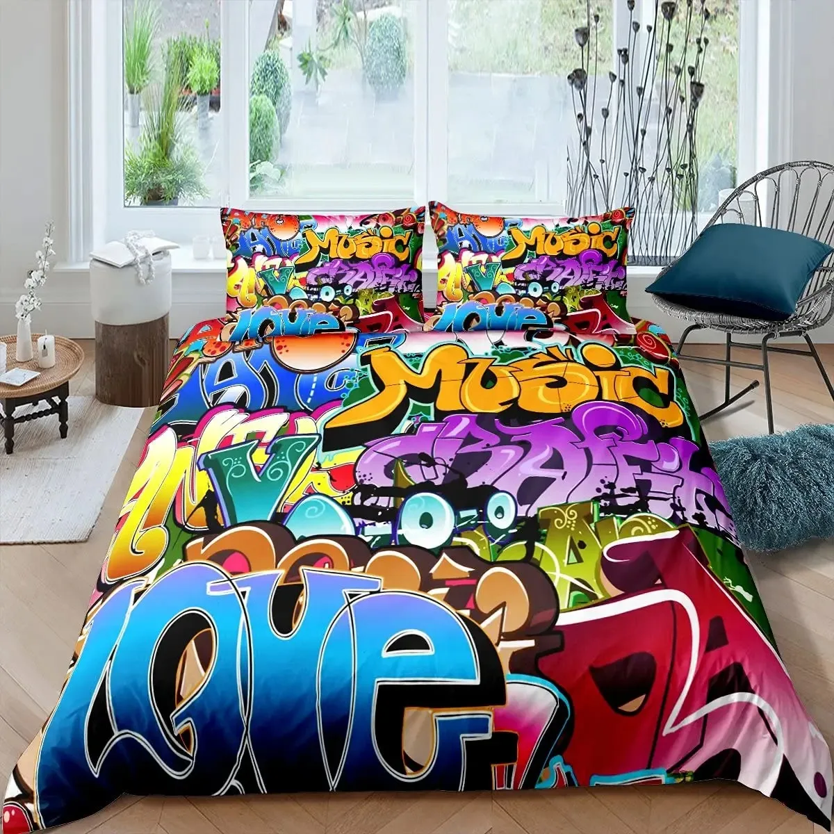 

Hip Hop Duvet Cover King Queen Size Color Street Culture Wall Graffiti Art Rock Music Sports Polyester Bedding Set for Kid Teens