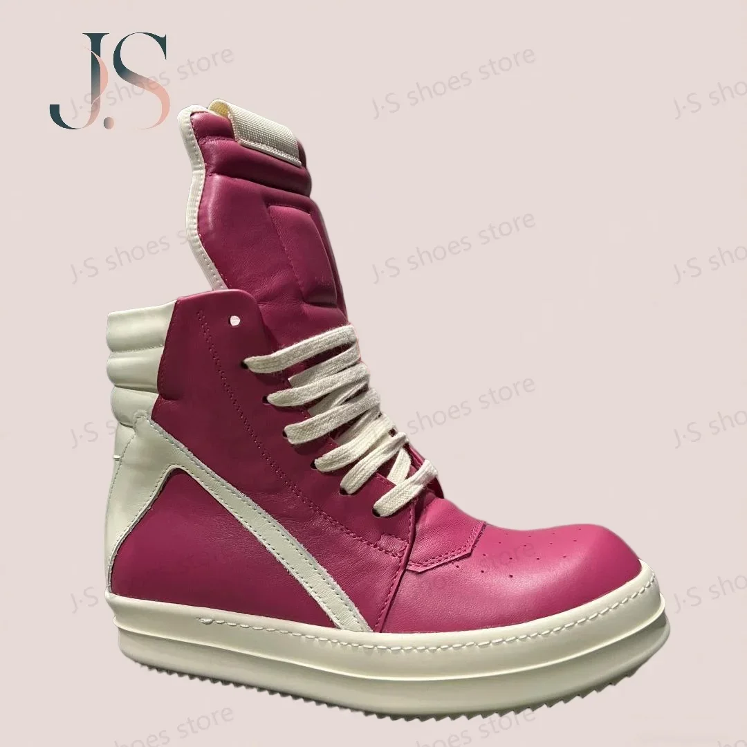 

Ro Rose Pink Leather High Top Shoe Luxury Boots Cowhide Sneakers Men Shoes Zipper Women Casual Sneaker Ankle Boot