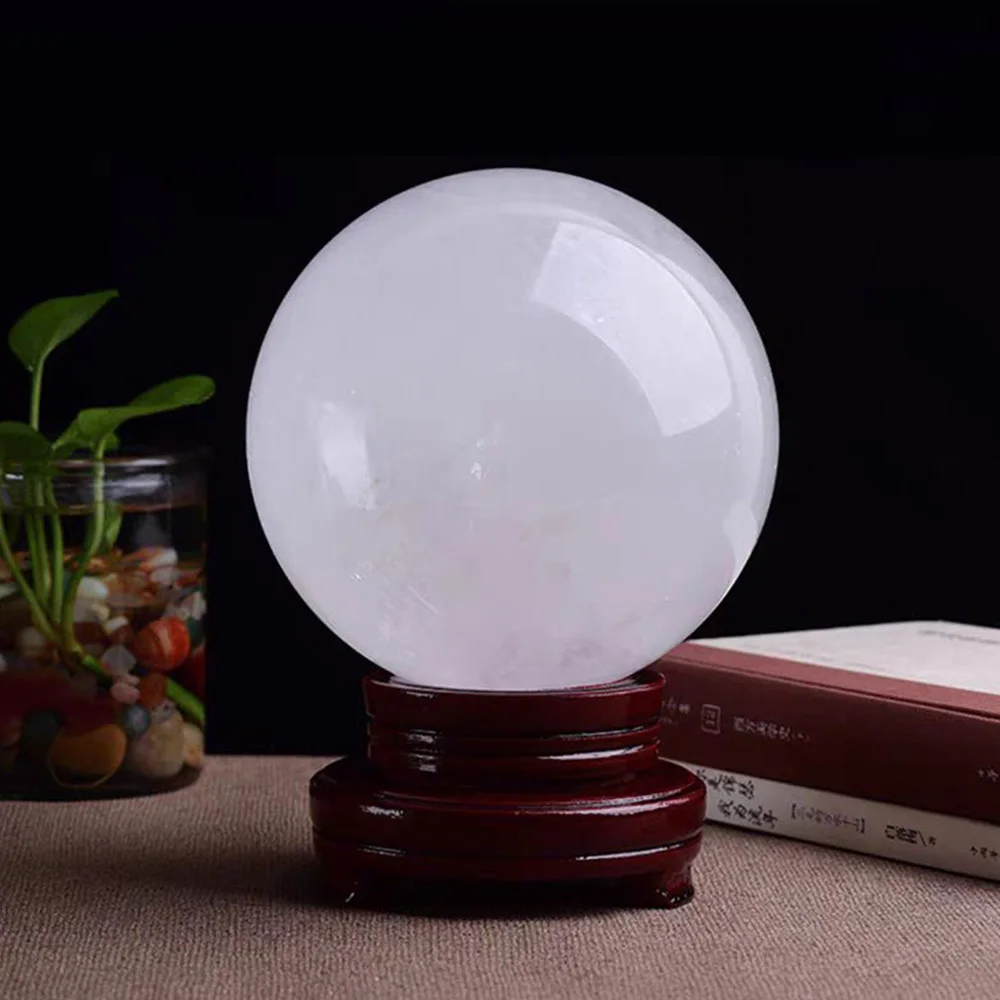 80mm Natural White Calcite Crystal Ball with Stand Large Iceland Spar Clear Optical Calcite Sphere for Witchcraft Home Decor