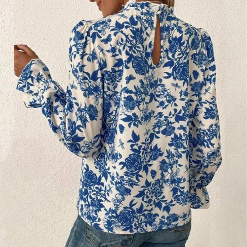 Autumn and Winter Elegant Fashion Chic Office Lady T-shirt Women Half High Neck Long Flare Sleeve Loose Casual Print Floral Top