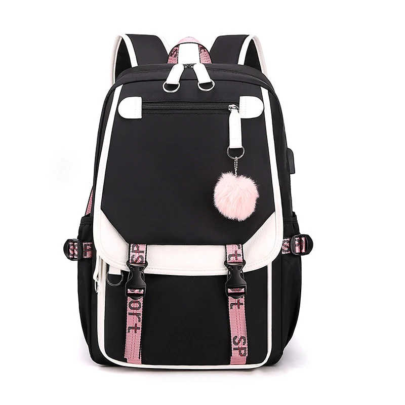 Oxford Bookbag with Printed Ribbon Straps Casual Stylish Color Block Backpack for Teen Girls Student School Bag