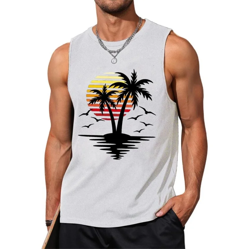 

3D Printed Sunset Beach Tank Tops For Men Bird Coconut Trees Pattern Tees Summer Loose Sports Street Round Neck Vest Casual Tops