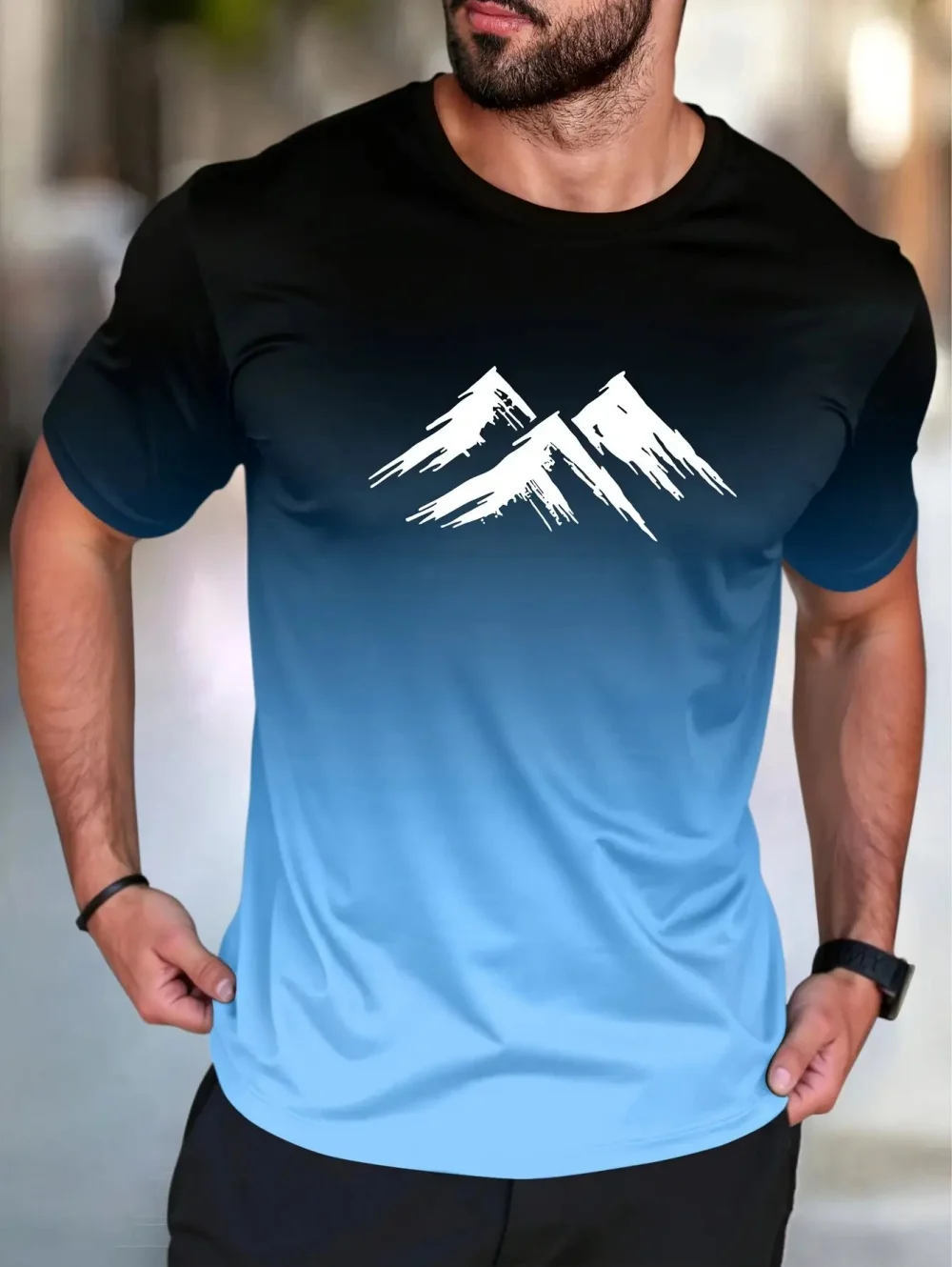 Men's Popular Gradient Short-Sleeve T-Shirts Mountain Landscape Print Fashion Weekend Outfits Camping Quick-Dry Men's Clothes