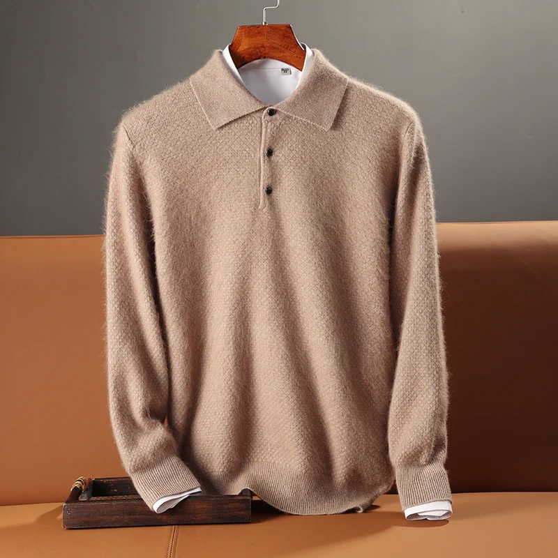 Autumn and Winter New 100% Mink Cashmere Sweater Men\'s Knitted POLO Collar Top Casual Business Thick Warm Shirt Long Sleeved