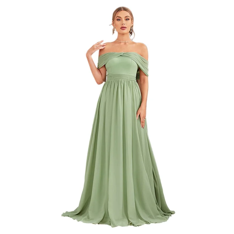 

Elegant Ruched Back Lace UP Off Shoulder Long Bridesmaid Part Dress Green