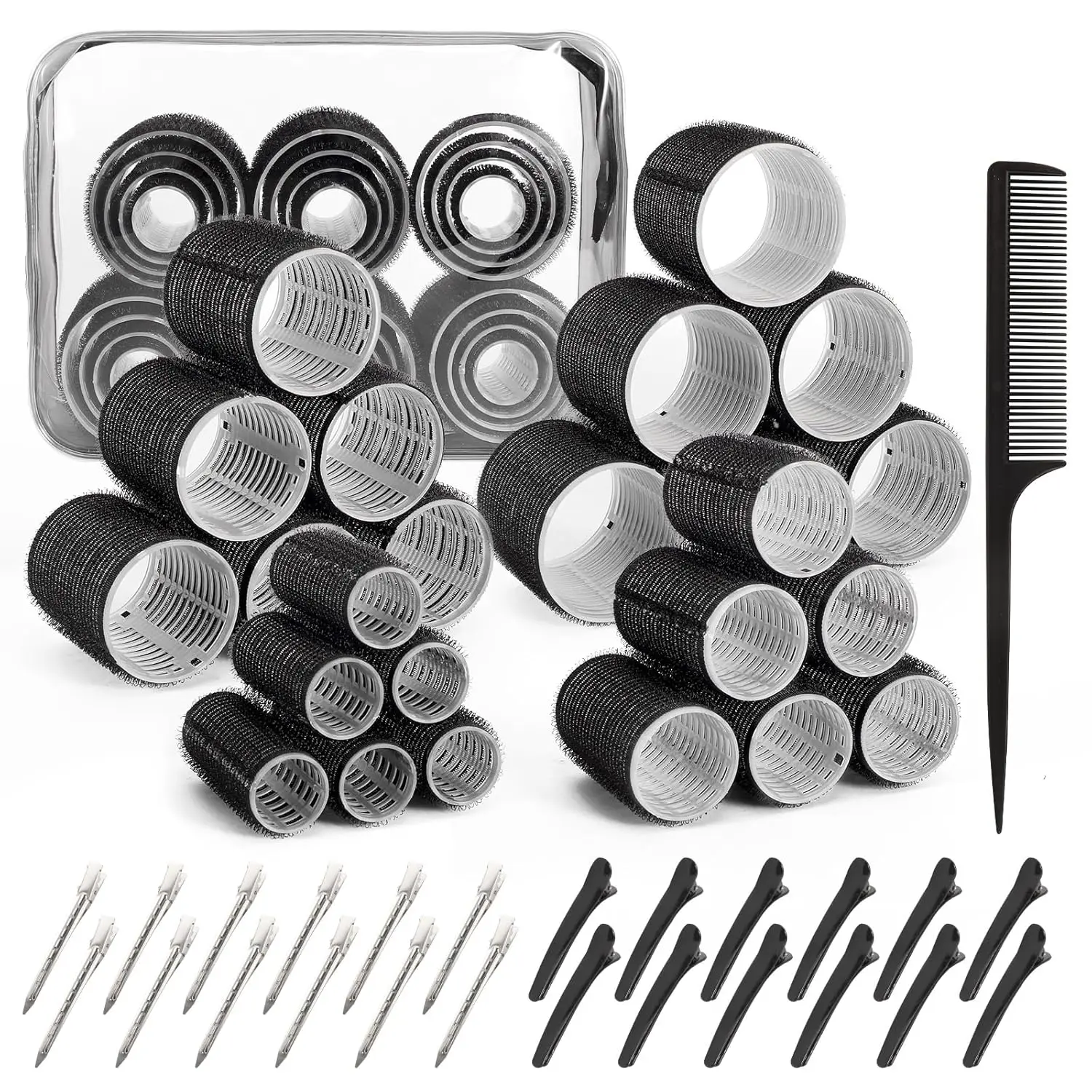 

Набор из 50 бигуди для волос с зажимами, 4 размера для длинных и коротких волос, черные самозакрепляющиеся бигуди