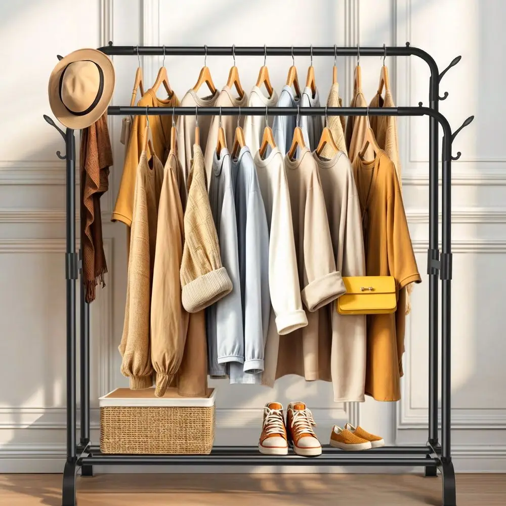 

1pc Portable Floor Standing Clothes Hanger, DoubleLayer Double Pole Clothes Hanger, HeavyDuty Clothes Hanger, Metal Roller Ward