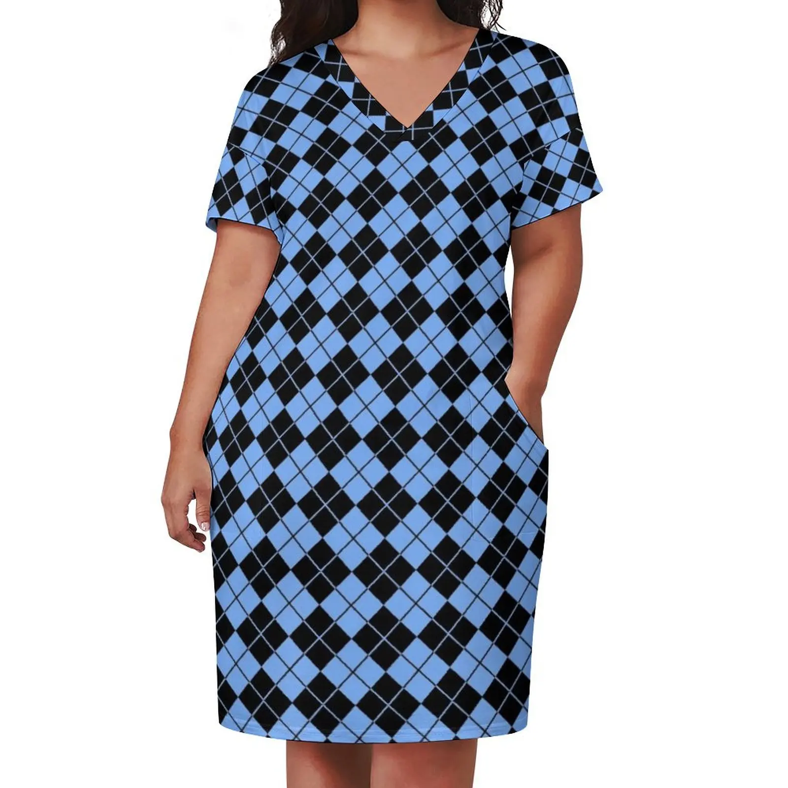 Carolina Blue/Black Argyle Loose Pocket Dress elegant evening dresses for women 2025 women evening dress