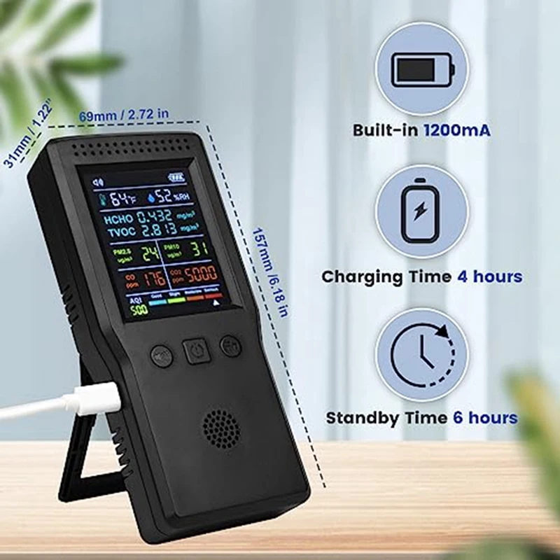 Monitor de qualidade do ar 9 em 1, formaldeído interno, medidor de temperatura e umidade de CO2, detector PM2.5Monitor