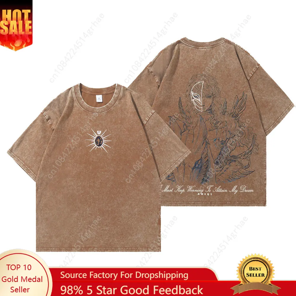

Anime Vintage Wash Tshirts Men Griffith Print Washed T Shirt Harajuku Oversize Cotton Tee Cotton Fashion Streetwear Unisex Top