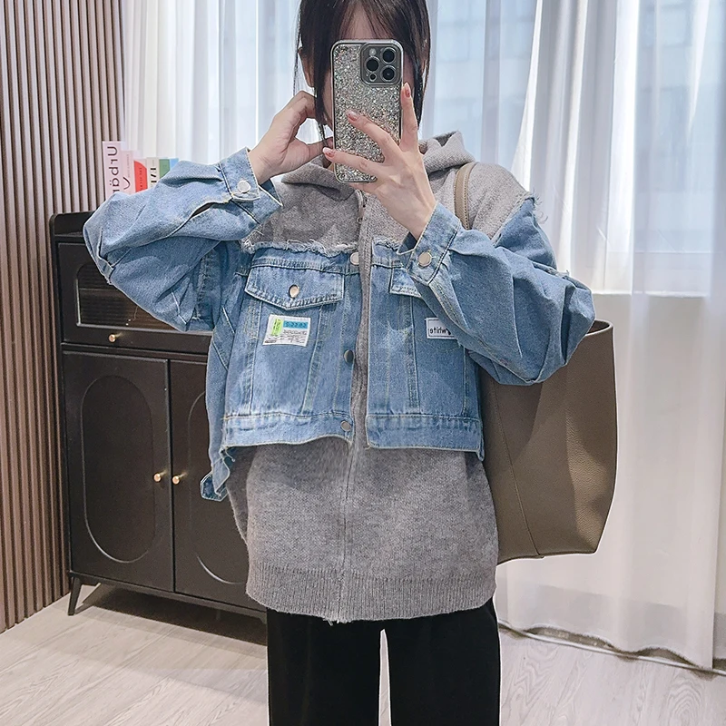 

2024 autumn and winter new denim spliced knitted cardigan women's hooded Korean version loose Western style sweater jacket