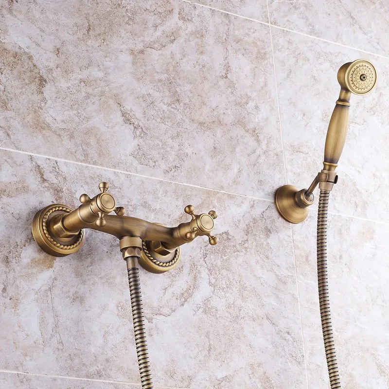 Antique Brass Bathroom Shower Faucet Set With Basin Tap Brass Shower Faucet Bathtub Water Mixer Tap Hot and Cold Water