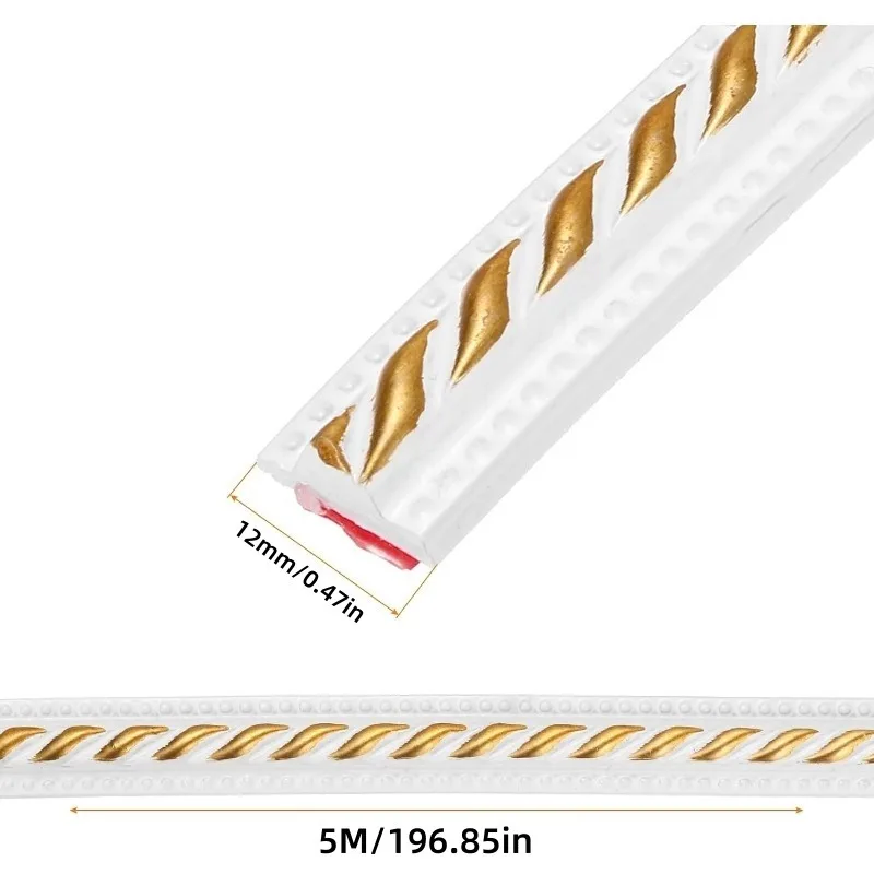 1PC 12MM×5M/196.85IN PVC Self Adhesive Molding Trim Flexible Decorative Strip for Mirror Frame Ceiling Wall TV Background