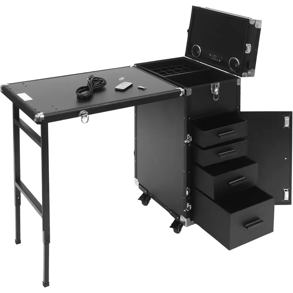 Portable Makeup Trolley with Folding Nail Table, 4 Drawers, Mirror & Speaker for Stylists, Groomers, and Technicians