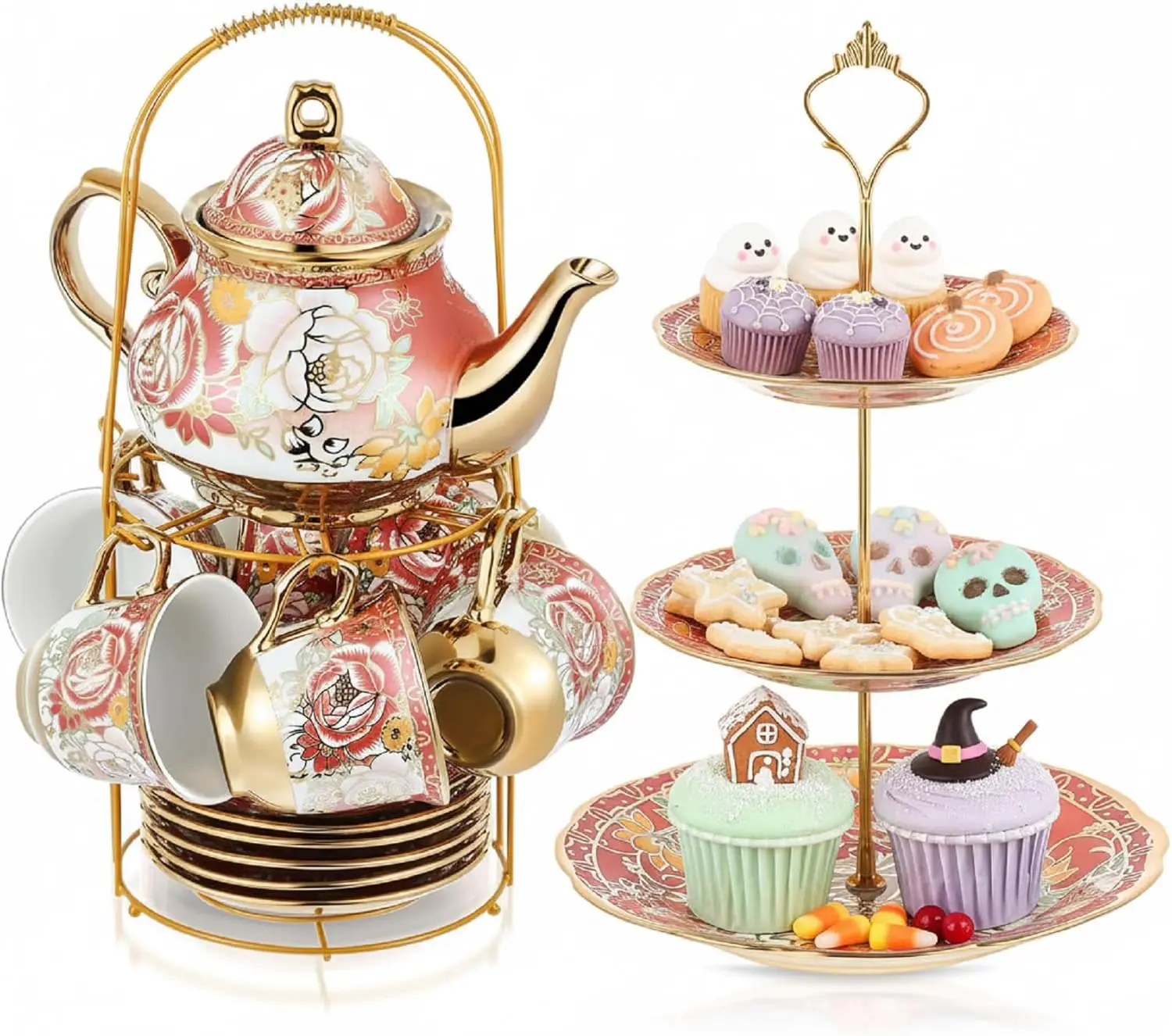 

21-Piece European Floral Tea Set with Metal Holder, 3-Tier Ceramic Cake Stand, Porcelain Cups & Teapot for Desserts and Gifts