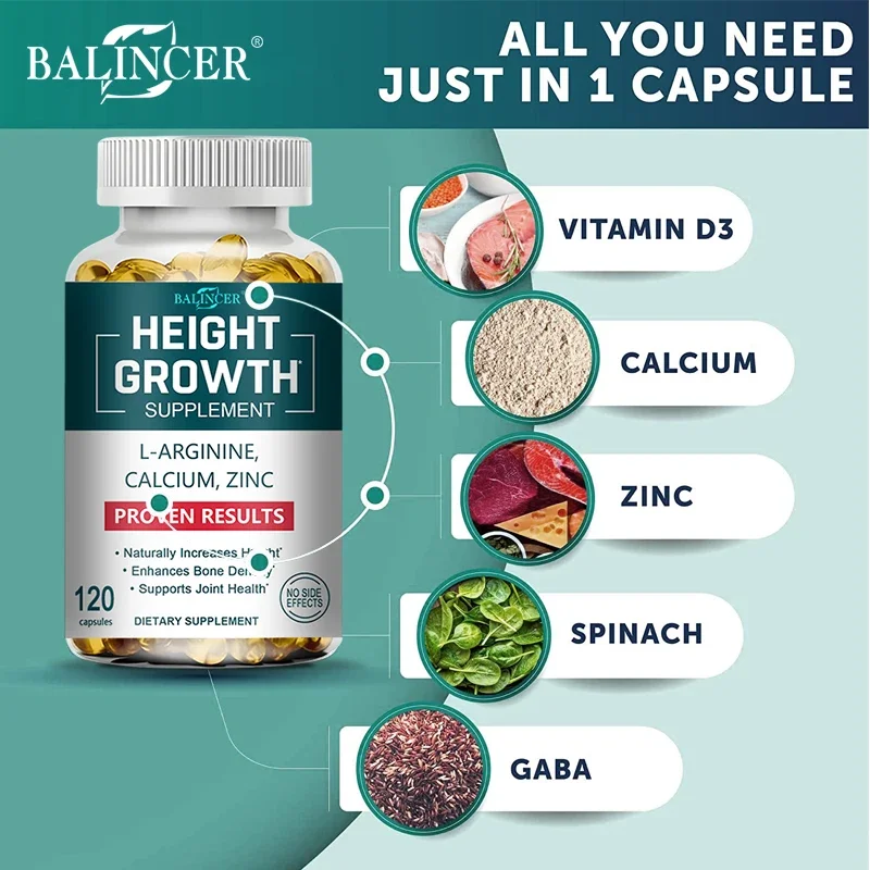 Height Booster Growth Calcium, Vitamin D3 & Zinc Blend - For Kids, Teens & Adults Promotes Healthy Bone Growth & Joint Health