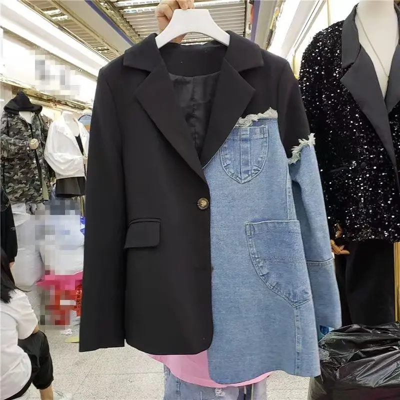 

Women Korean Style Denim Irregular Patchwork Jacket Fashion Vintage Long Sleeve Lapel Tops Coat Spring and Autumn Women Clothes