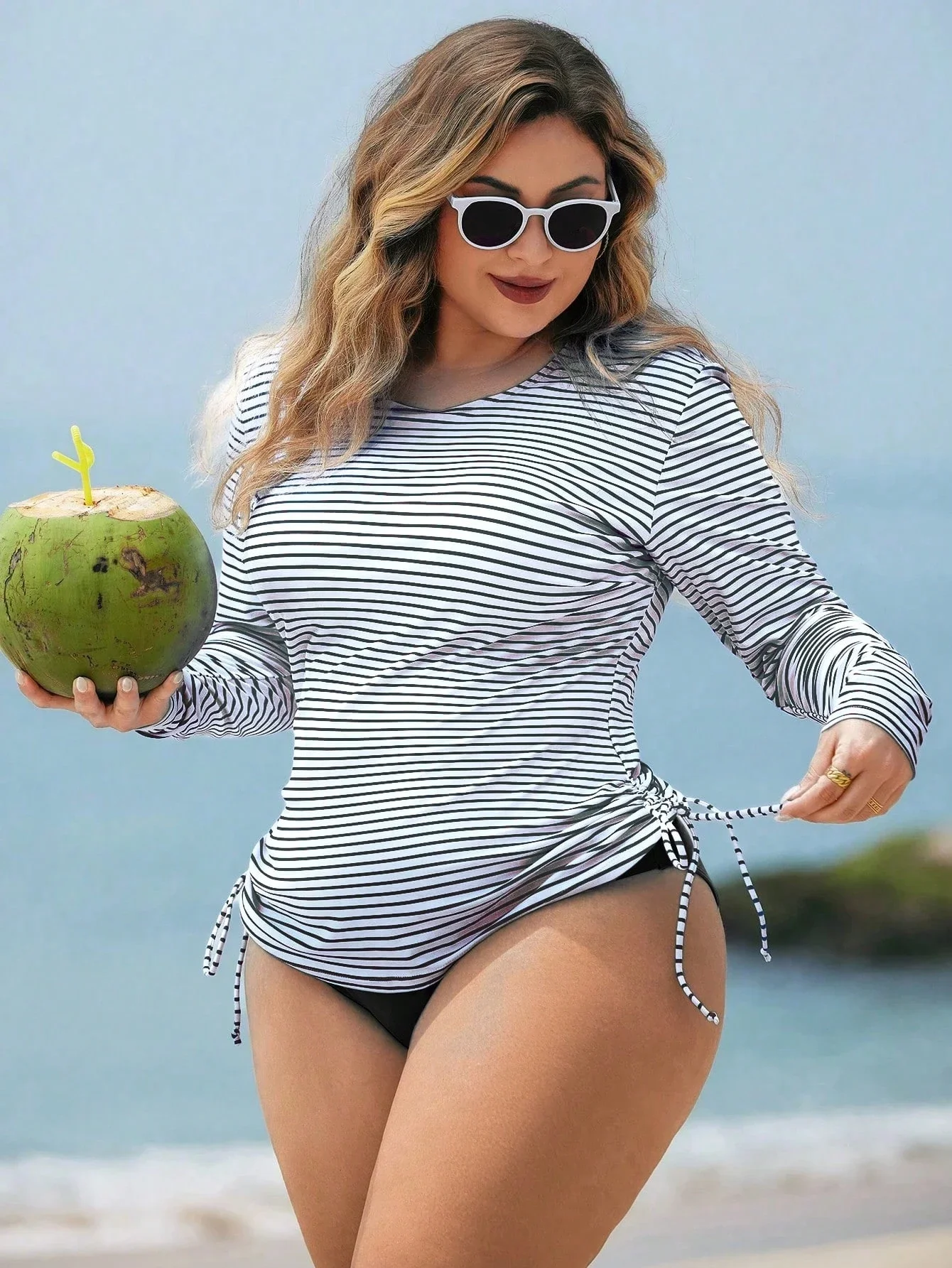 

Plus Size Women Striped Long Sleeve Crop Top High Waist Bikini Set Beach Swimwear