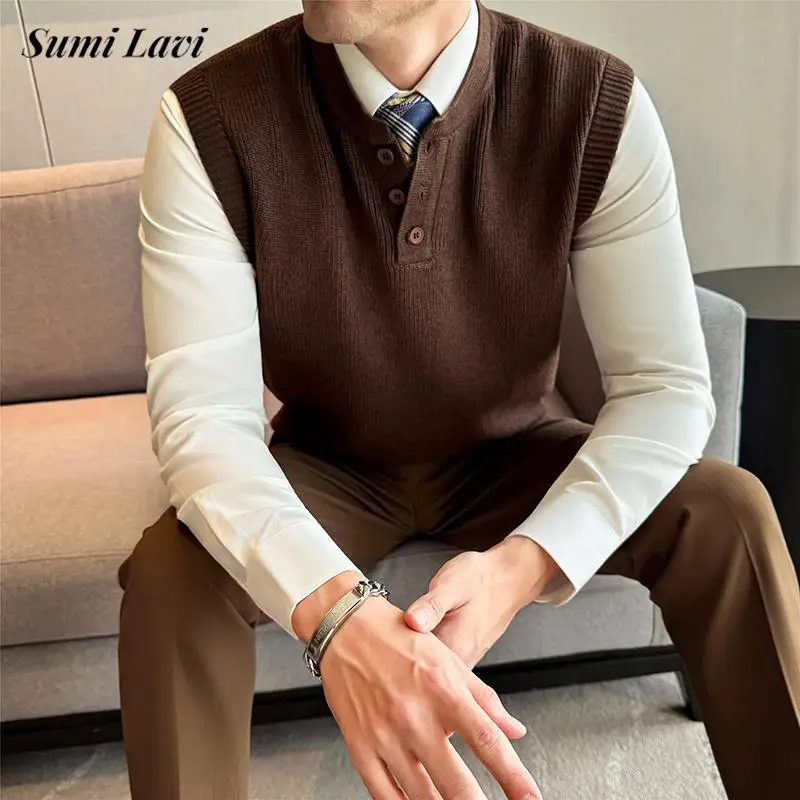 

2026 Spring Casual Solid Color Knit Vest Mens Vintage Crew Neck Buttoned Sleeveless Sweater Camisoles Men Fashion Slim Tank Tops