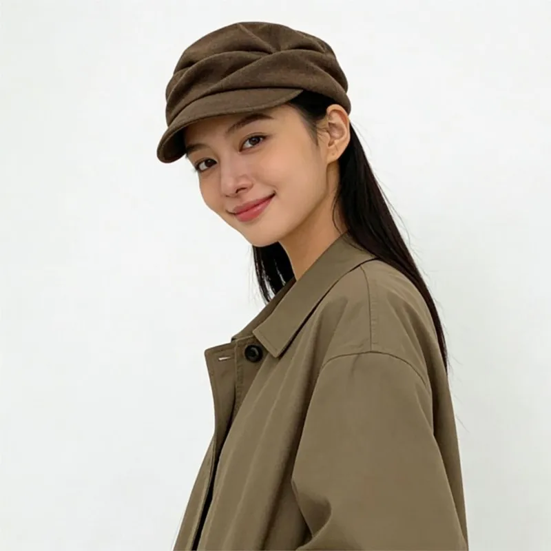 A black pleated beret for women small cap that shows off one's face cloud-shaped octagonal hat