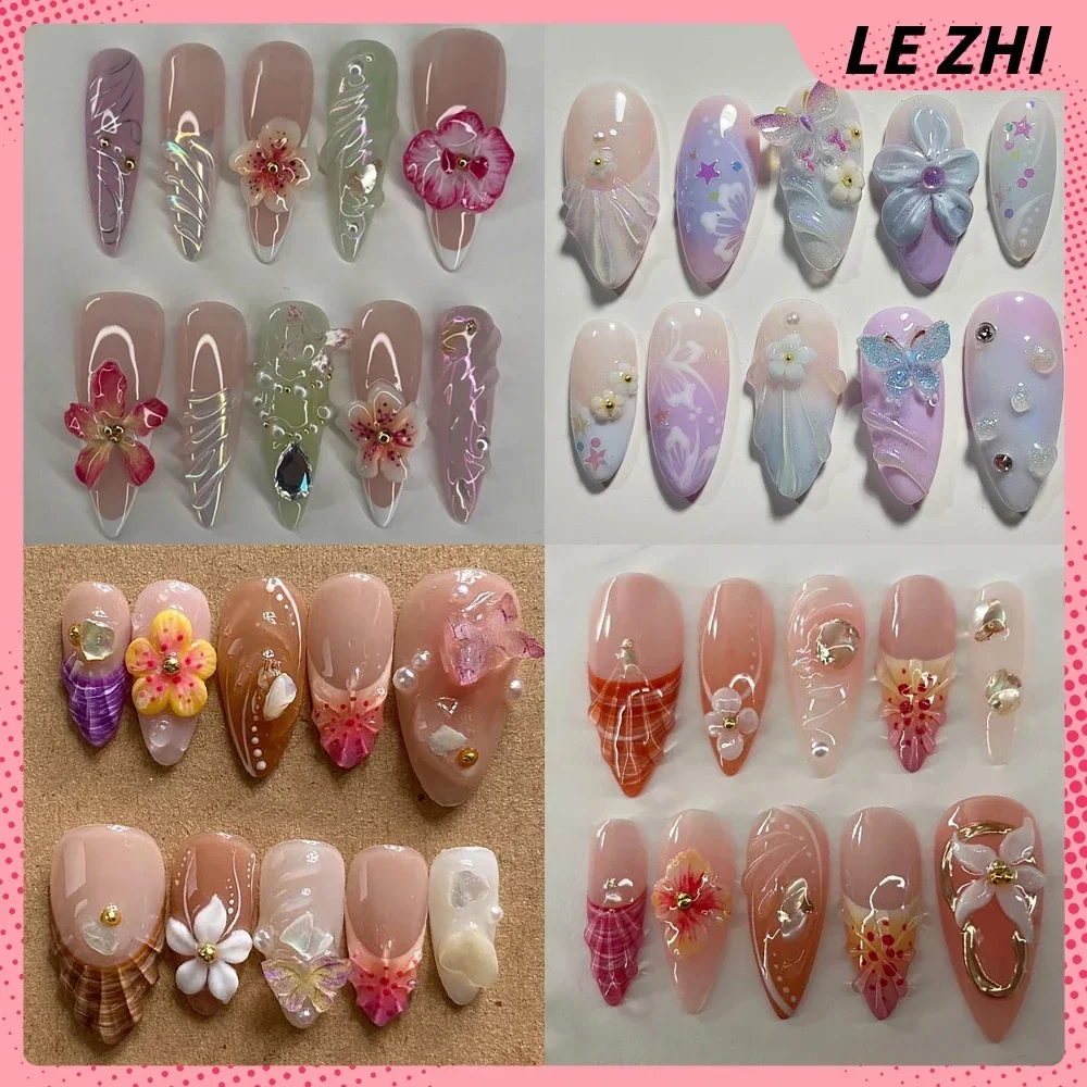 

Gel 3D Summer Lily Flowers Handmade Press On Nail Art Festive Party Sticker Almonds French Portable Fake Nails Birthday Gift