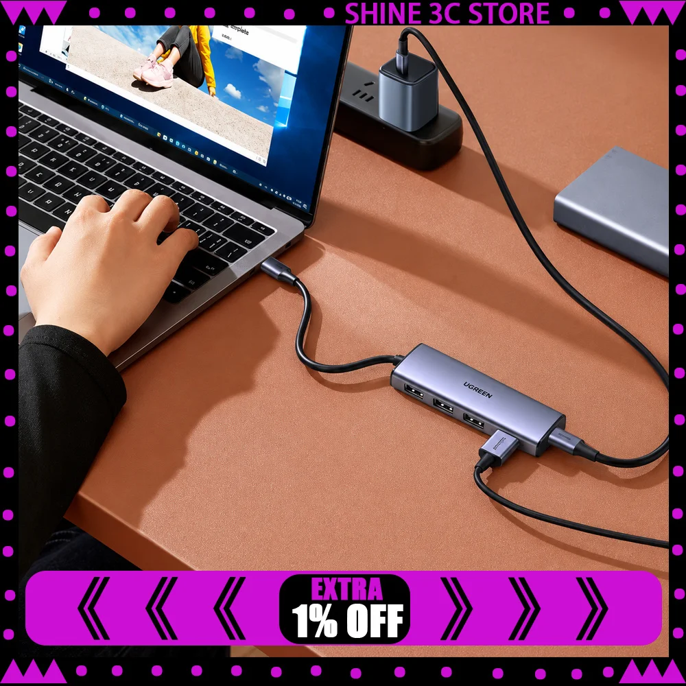 UGREEN CM858 65804 4-Port USB 3.0 Hub, USB-C to 4 USB-A 5Gbps Adapter, Aluminum Alloy, 0.2m Cable, USB-C 5V Power Input