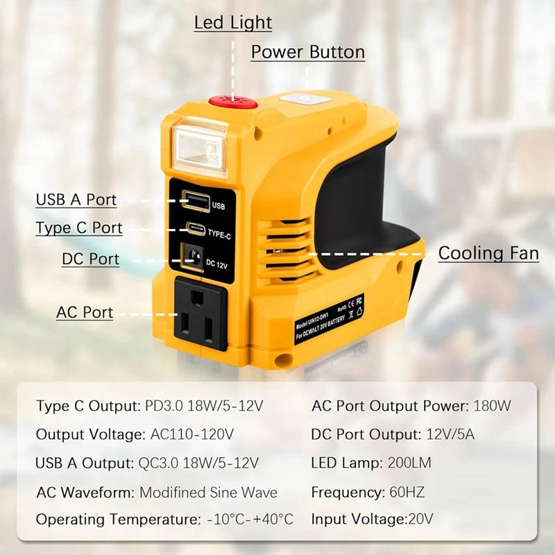 عاكس طاقة 180 وات لمحول Dewalt العاكس لـ Dewalt DC 20 فولت إلى 110 فولت ~ 120 فولت مخرج يعمل بالبطارية قابس أمريكي