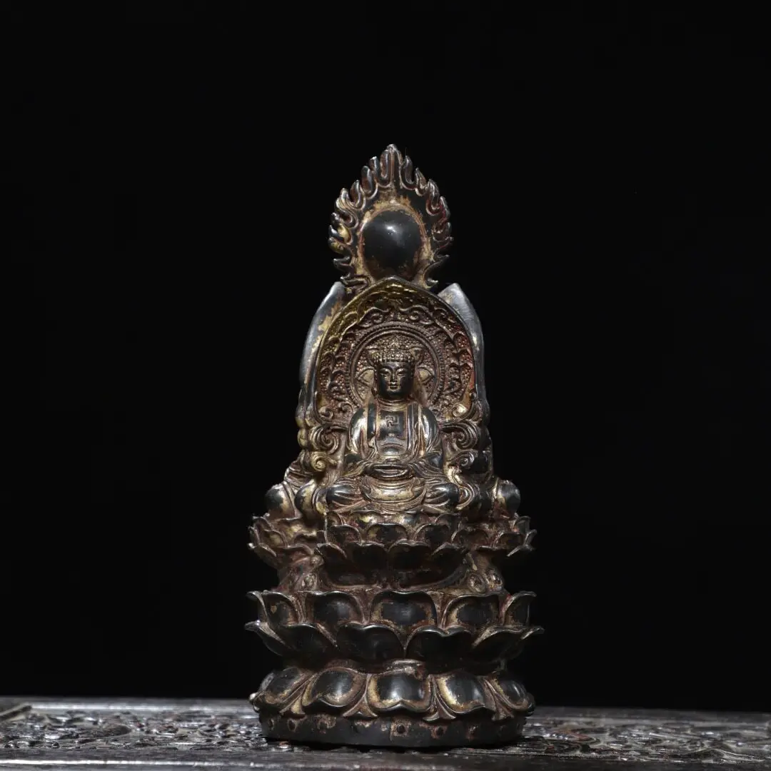 Antique Pure Brass Three-faced Buddha Statue Shakyamuni Ksitigarbha Home Temple Worship Desk Ornament