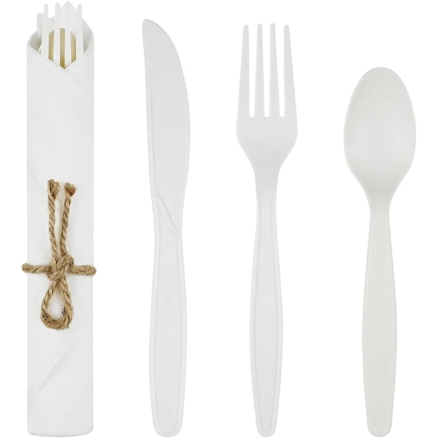 

100Pcs Pre Rolled Napkin Cutlery Set - Compostable Utensils 8" Large Disposable Utensils Wrapped Forks Knives Spoons Napkins Cor