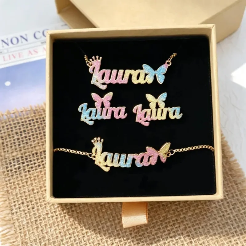 Roro's Custom Rainbow Butterfly Glitter Name Jewelry Set Personalized Name Necklace Bracelet Earrings Customized Gift for Girls