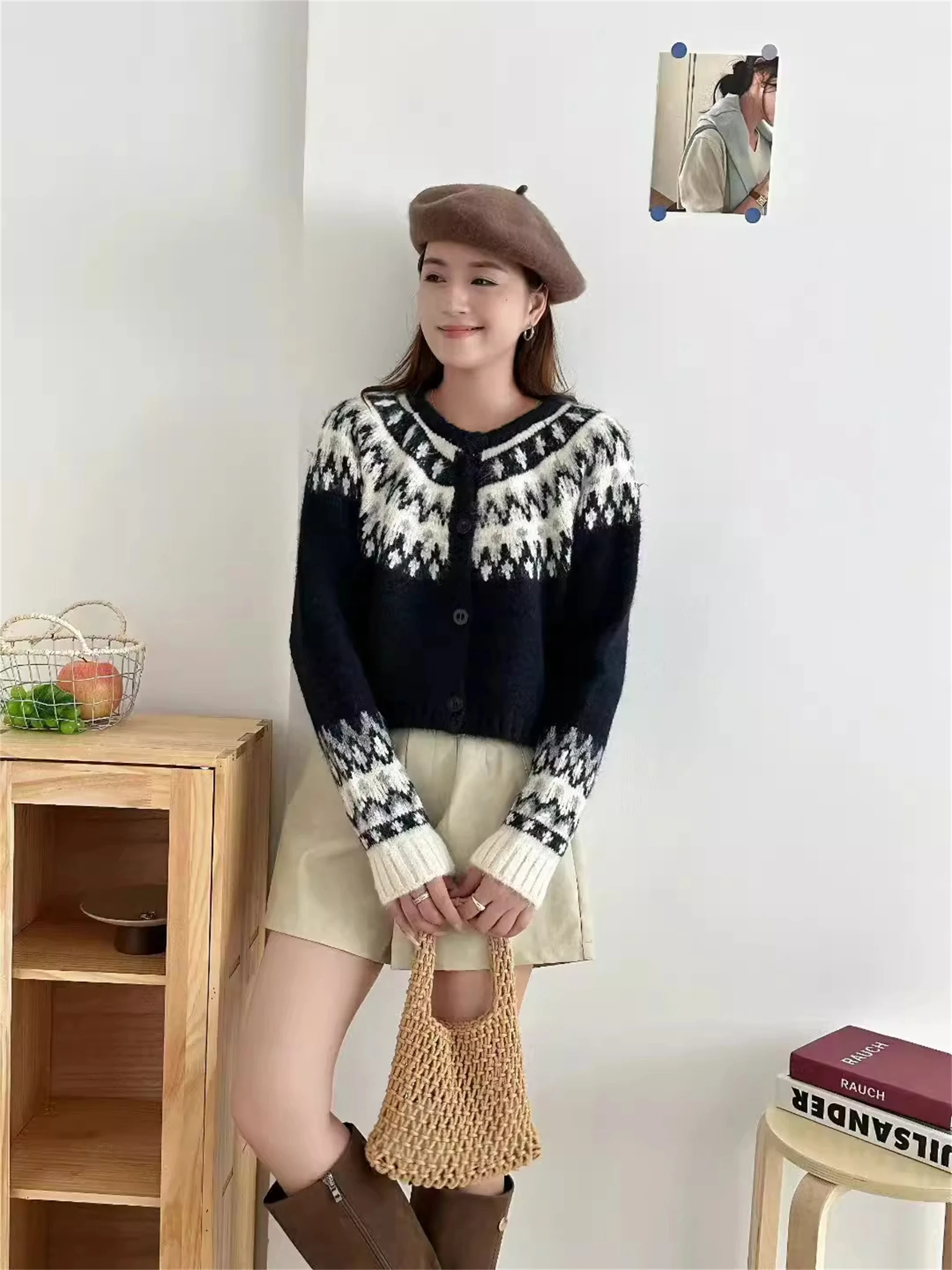 Dames ort gebreide trui jas Island Fair Isle contrasterende kleur gebreide kleding afslanken groot formaat herfst faion casual sle