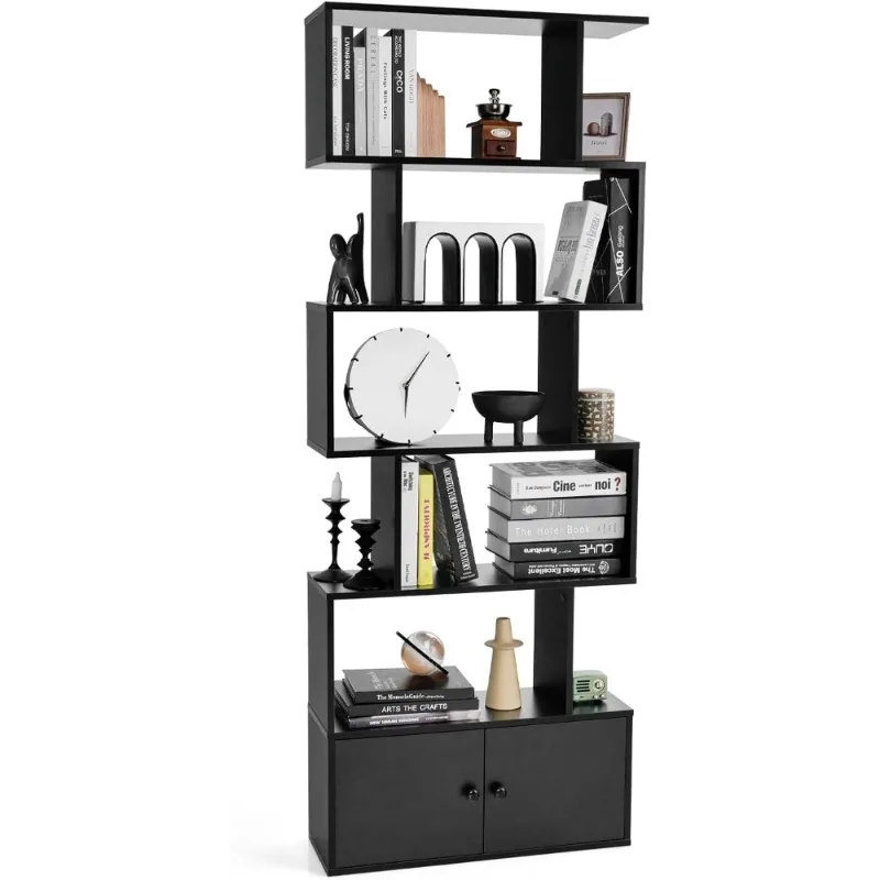 

6-Tier Geometric Bookcase Freestanding Room Divider with Open Shelves and Storage Cabinet for Living Room Bedroom Home