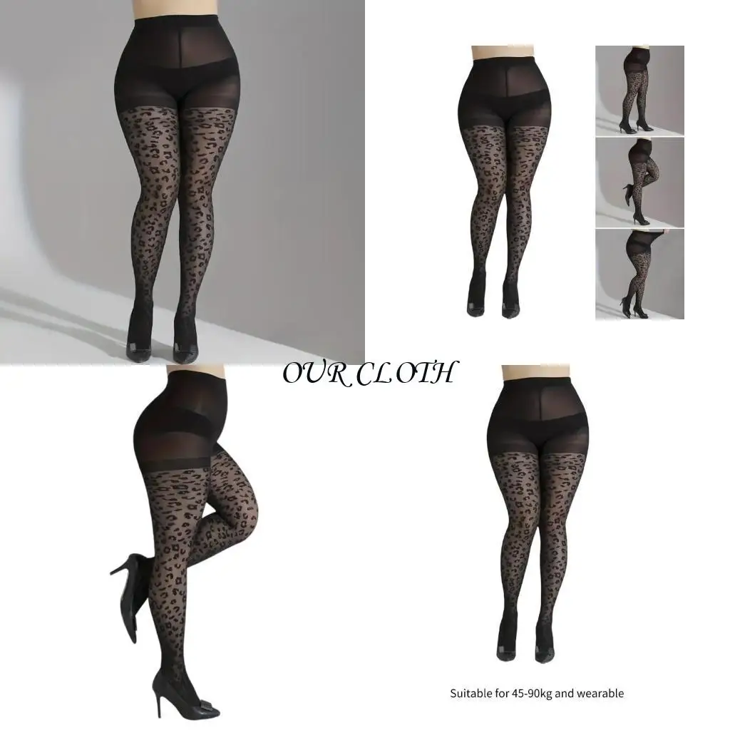 

High Waist Control Top Pantyhose Leopard Print Large Size Sheer Tights for Women Y1AC