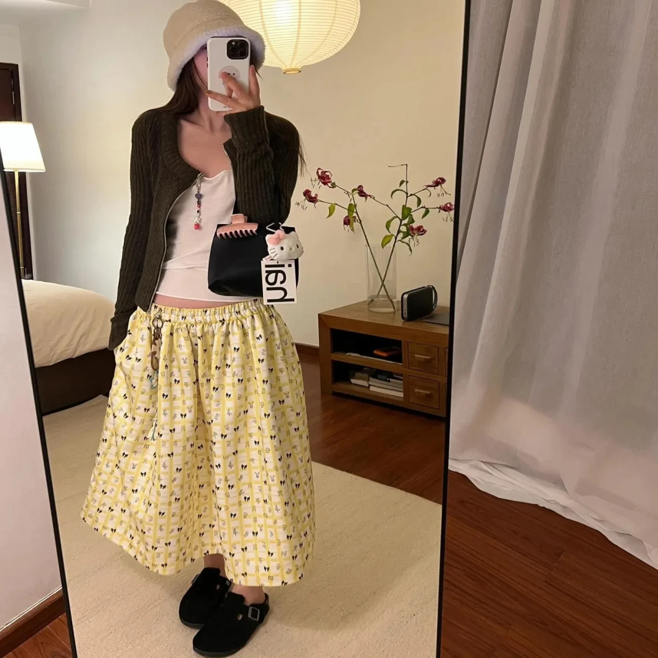 

Summer Bow Plaid Print Yellow Skirt Japanese Sweet Elastic Waist A-line Mid Length Skirts Retro All Match Casual Skort