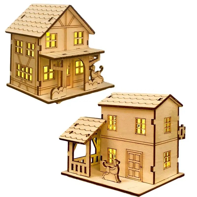 Christmas Houses Village Rustic Cottage Building Model DIY Crafts Wooden Cabin Collectible Figurines with LED Christmas Decor