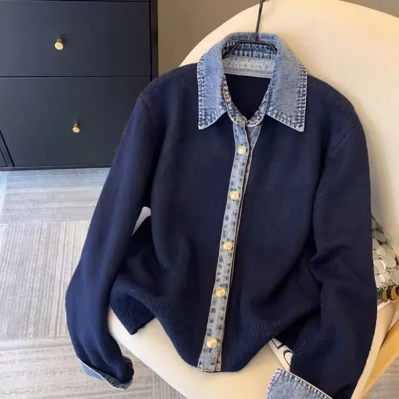 Coreano emenda denim camisa gola topos costura falso camisola de duas peças feminino outono cardigan versátil outwear feminino