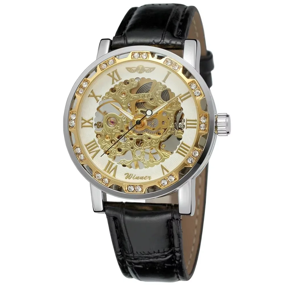 WINNER watch Casual fashion luxury gold and white  Roman numerals with diamond men's manual mechanical belt wrist watch