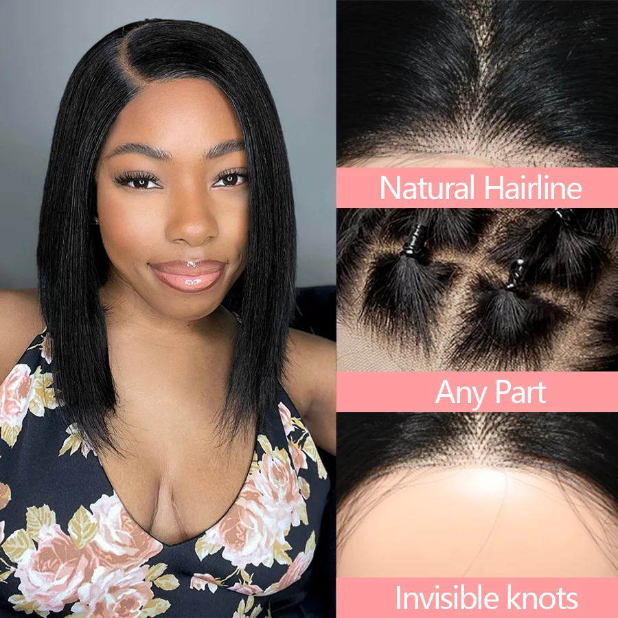 Perruque BOB Lace Closure Wig Naturelle Lisse, Cheveux Courts, Prêt à l'emploi, Sans Colle, pour Femme Noire