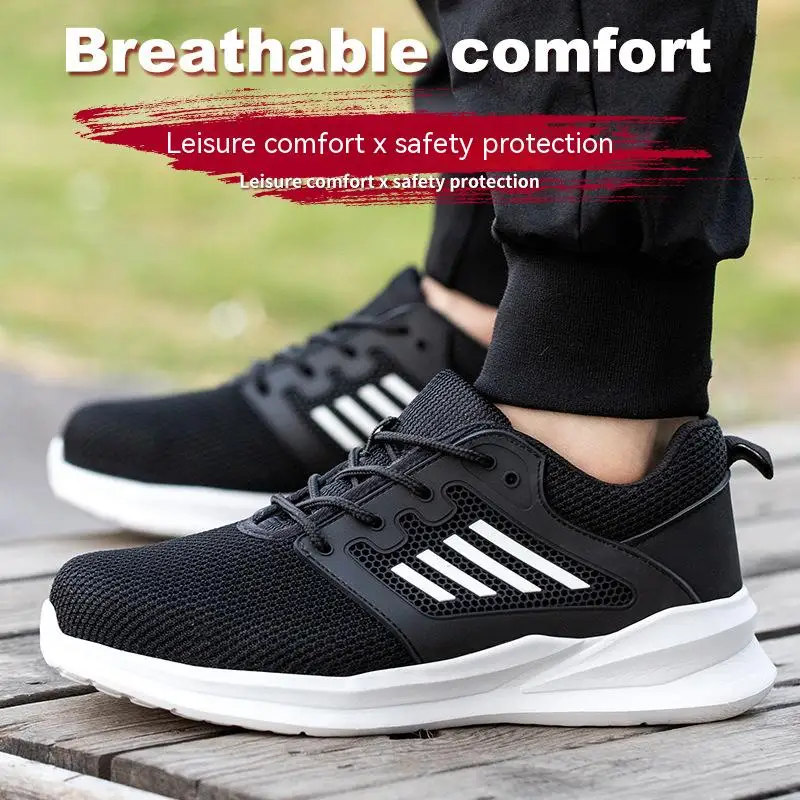 Unisex Summer Light Breathable Sneaker For Men Women Black Mess Safety Shoes Puncture Proof Casual Steel Toe Cap Shoes