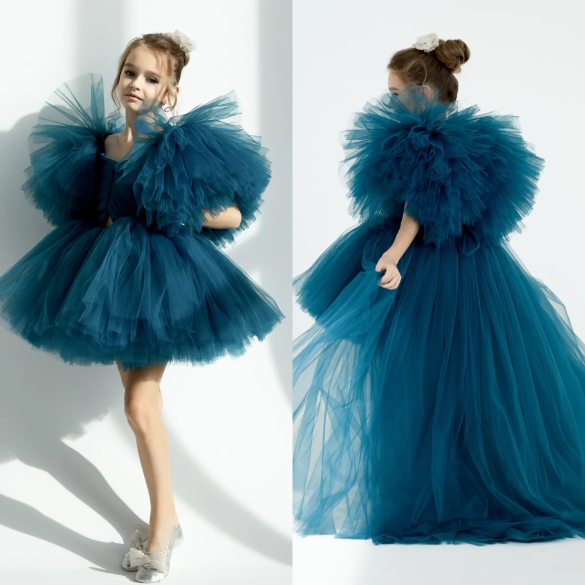 

Hunter Green Flower Girl Dress With Train Short Tutu Kids Wedding Dress Puffy Sleeve Girl Dress Birthday Dress for Princess