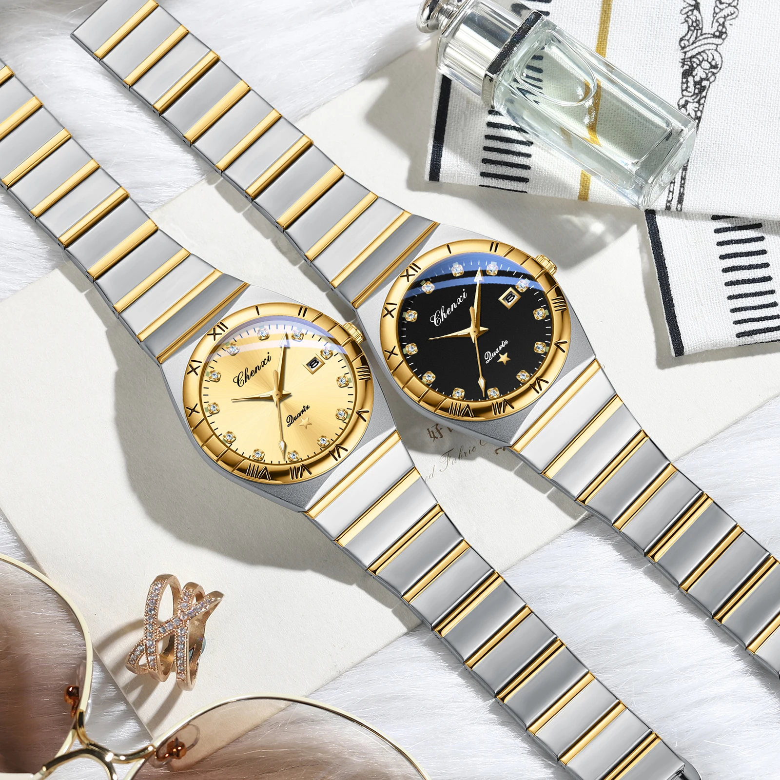 CHENXI Bottom Penetrating Men's Quartz Watches Luminous Waterproof Calendar Luminous Business Stainless Steel Strap Men's Watch