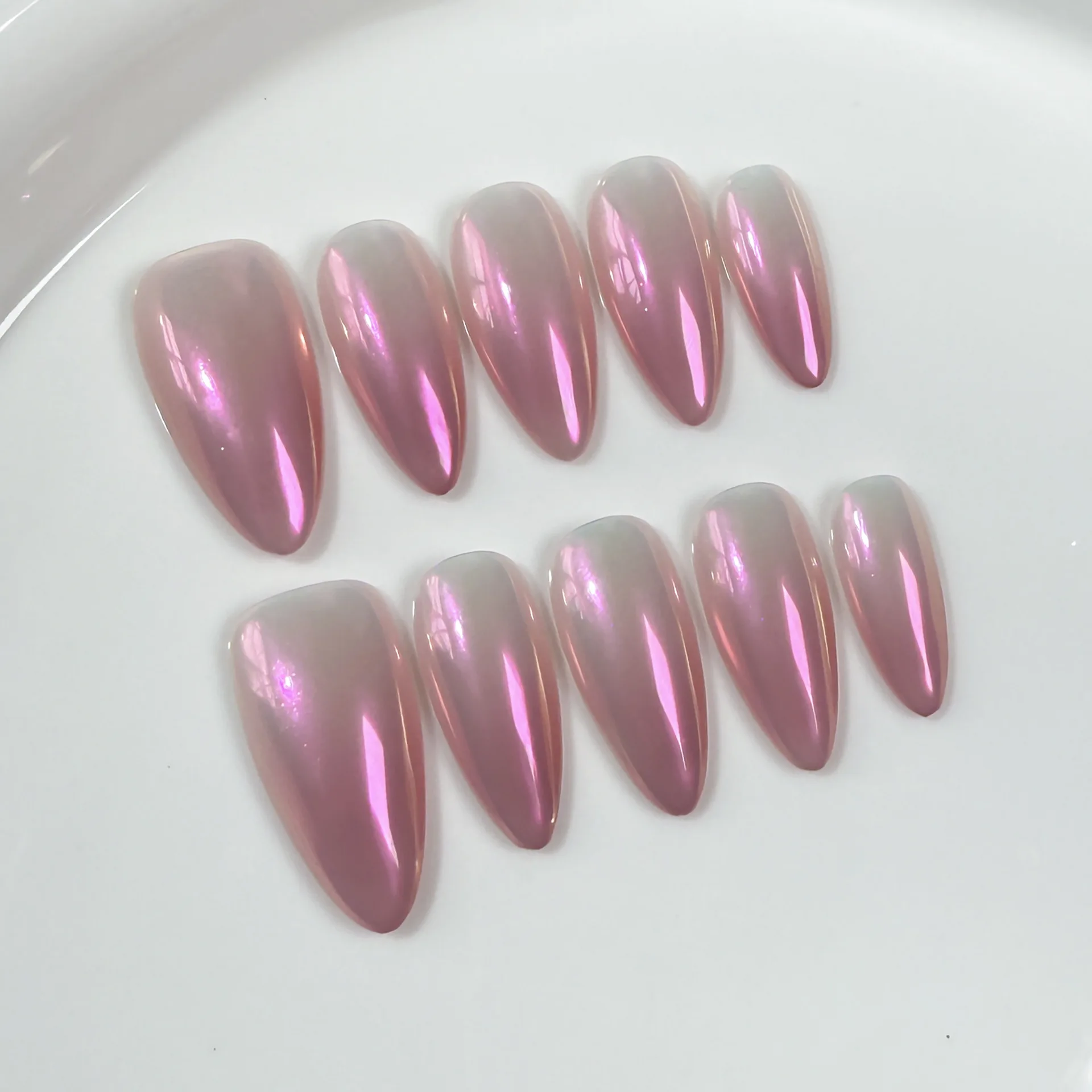 10pcs Handmade Aurora Almond False Nails Fantasy Mermaid Cat's Eye Press on Nails Full Cover Summer Detachable Fake Nails Tips