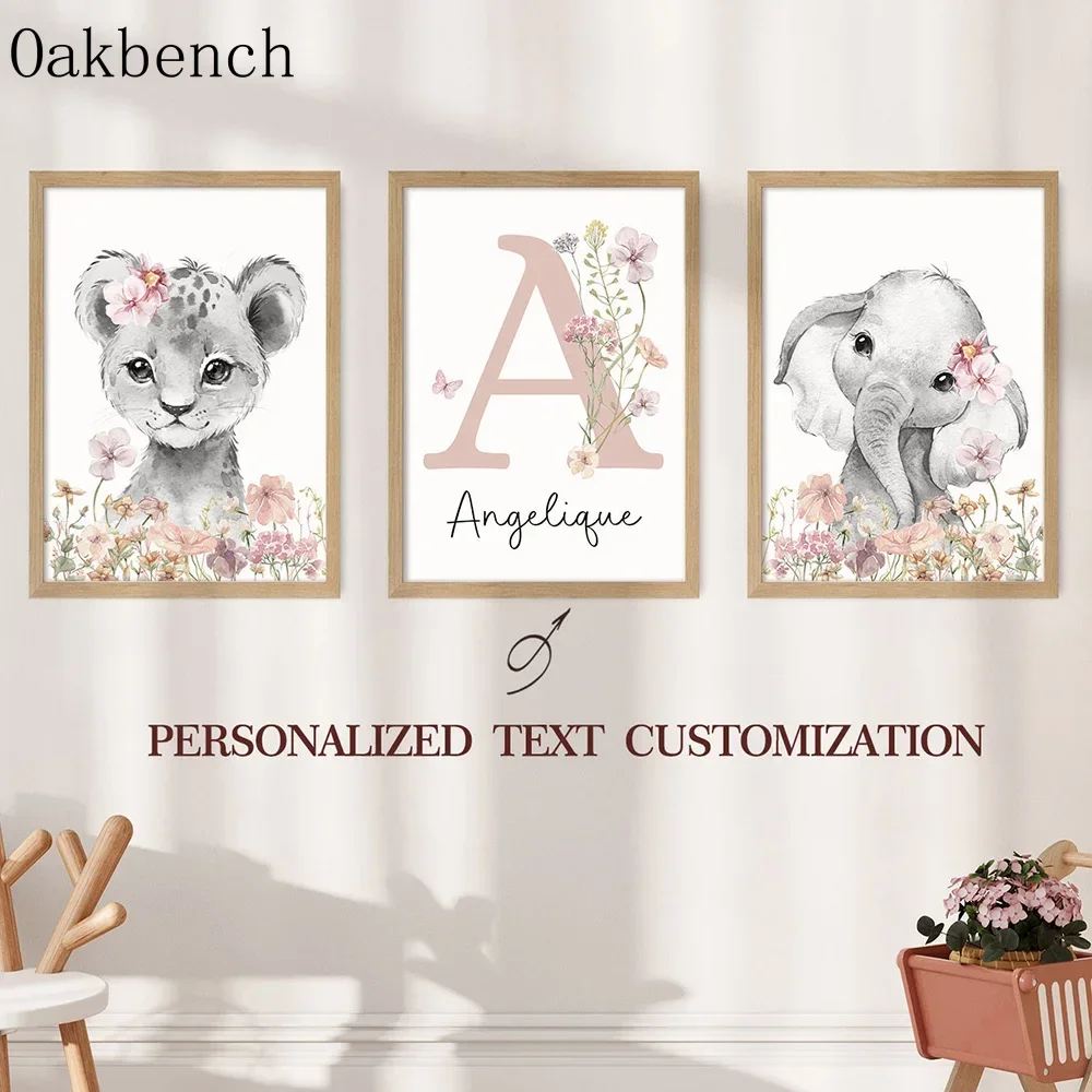 Personalized Name Custom Art Cartoon Animal Canvas Picture Flowers Picture  Kindergarten Decor Poster Kid Bedroom Decor No Frame