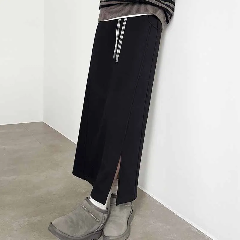 Women's Gray Split Midi Skirts Elasticity Waist Casual Loose Long Skirts Female Autumn Winter Thicken Plus Velvet Straight Skirt