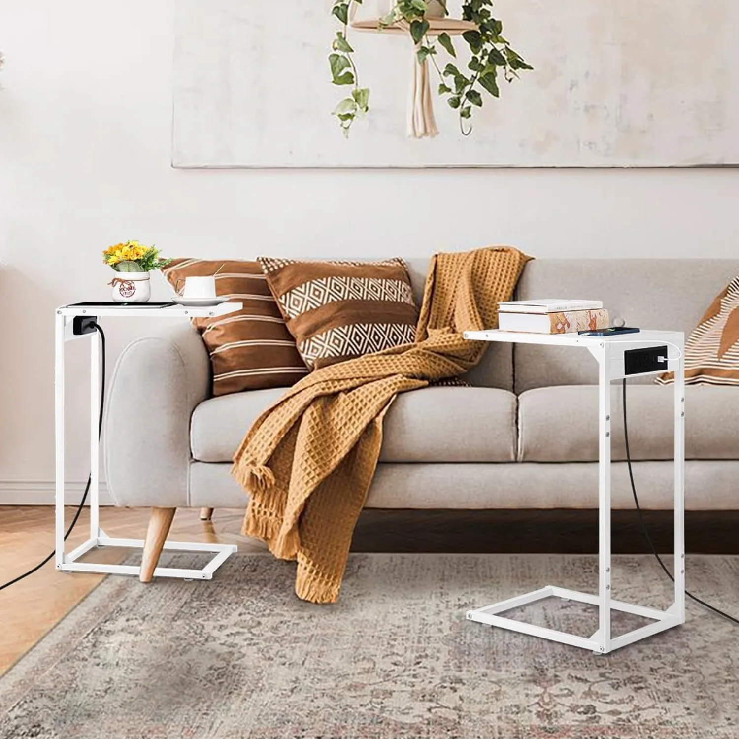 Tavolini di ricarica in 2 pezzi a forma di C con prese USB/alimentazione, mobili per divano scorrevole per soggiorno/camera da letto - Nero