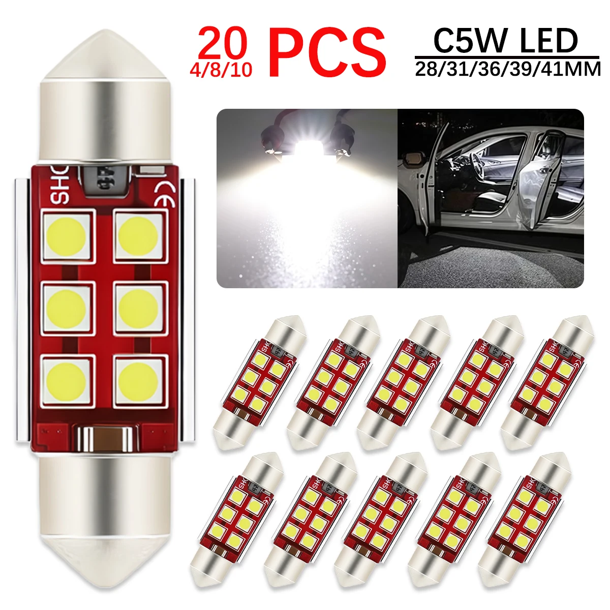 

20 шт. салонная лампа автомобиля 28 мм 31 мм 36 мм 39 мм 41 мм светодиодная лампа 12 В C5W Фестон косметическое зеркало купольное освещение для чтения дверь номер Canbus