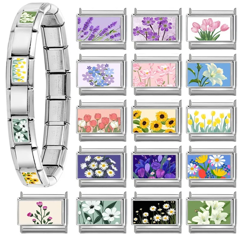 2025 Women's New Fashion Romantic Flower Purple Flower Hyacinth Italian Charms Fit 9mm Stainless Steel Bracelet DIY Jewelry Gift image 4
