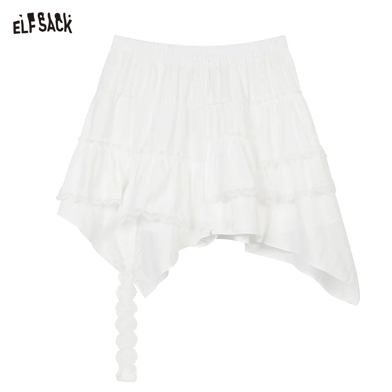 Elfsack 2025 verão recém chegados branco cintura alta irregular borda de renda chique saia para mulher