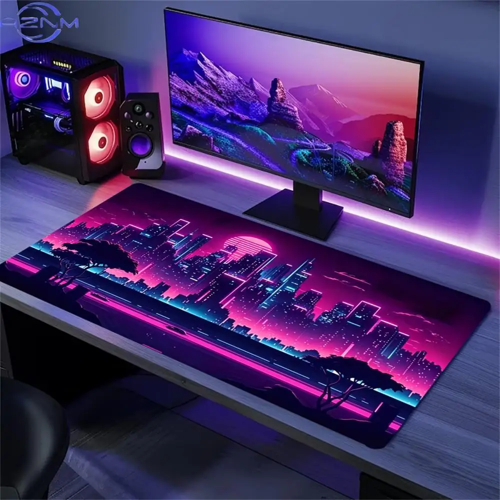 Large Gaming Mouse Pad Synthwave City Print Stitched Edges Non Slip Rubber Base For Gamer Laptop Office Workstation